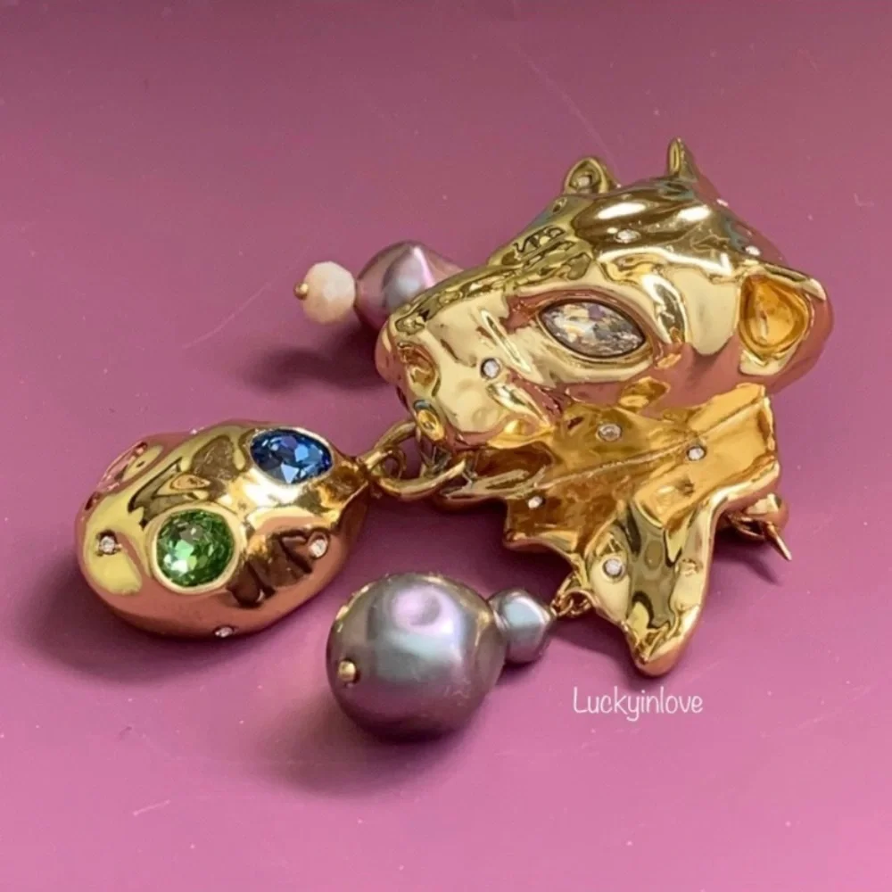 ALEXIS BITTAR • Gold Molten Crumpled Panther Head Green Rose Blue Pink Necklace